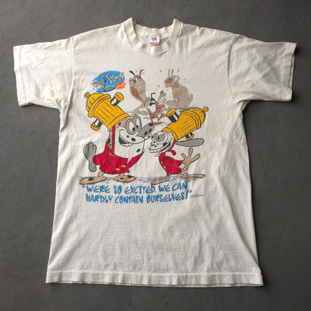 Vintage 90s Fruit of the Loom Cream Ren & Stimpy T-shirt XL Nickelodeon